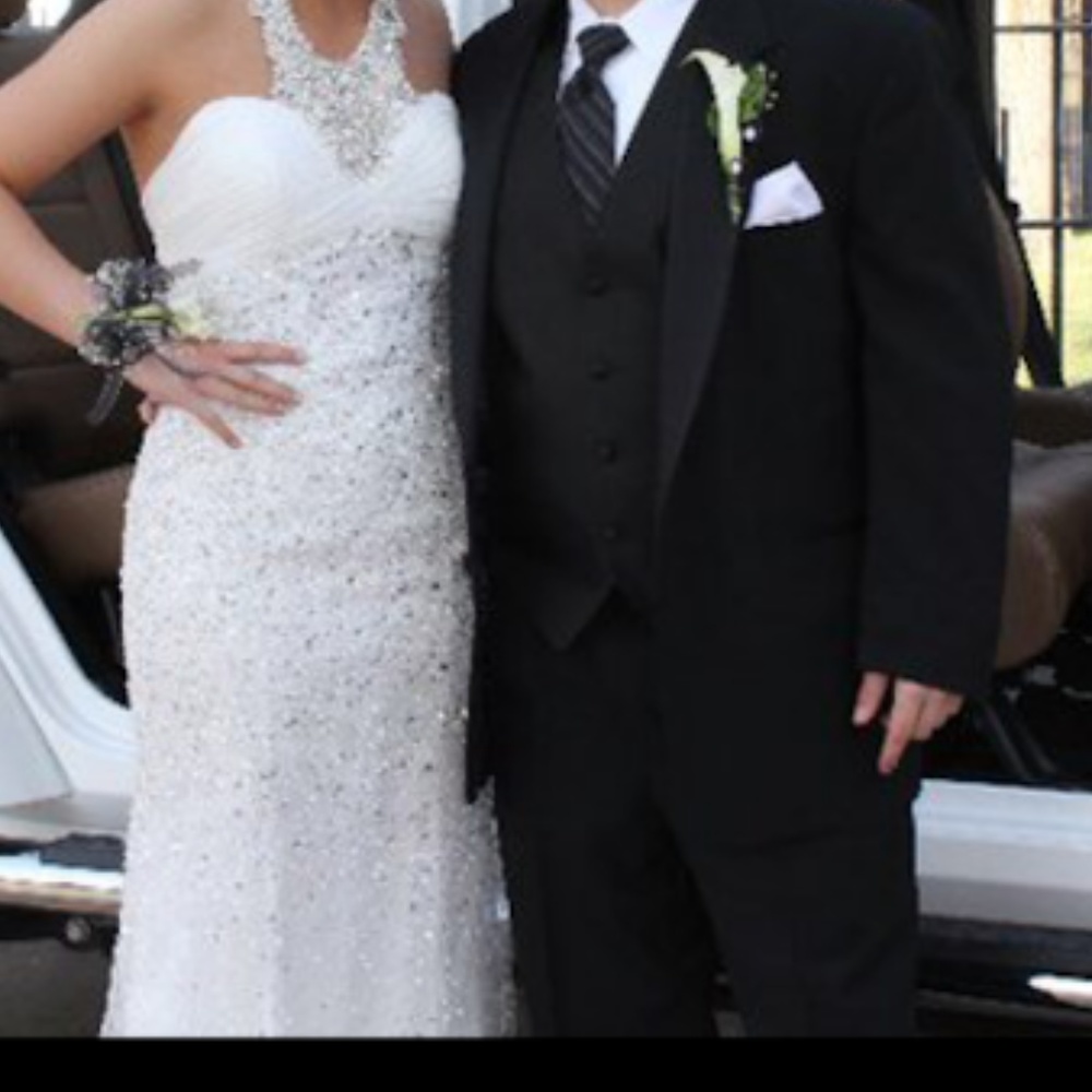 White rhinestone halter top prom dress